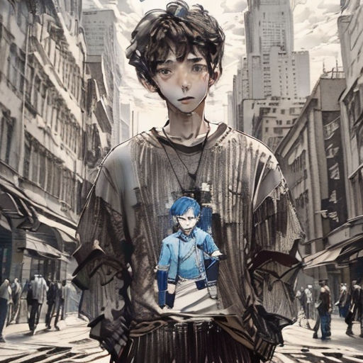 a boy with a blue shirt on standing in a city street with a train track in the background and a cityscape in the background