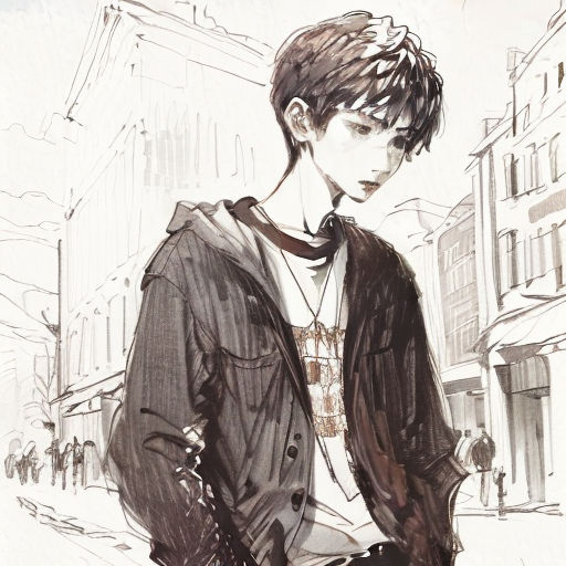 a drawing of a person standing on a street corner with a handbag in his hand and a jacket on