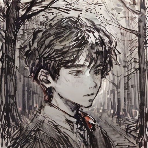 a drawing of a man in a coat and tie in a forest with trees and branches in the background