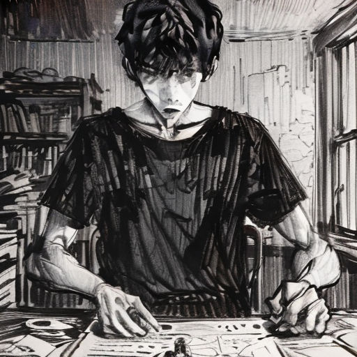 a drawing of a person sitting at a table with a pen and paper in front of them and a bottle of wine in front of them