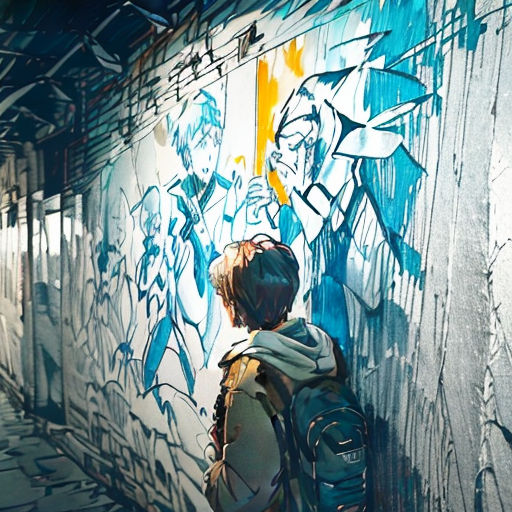 a person standing in front of a wall with graffiti on it and a backpack on his back, looking up