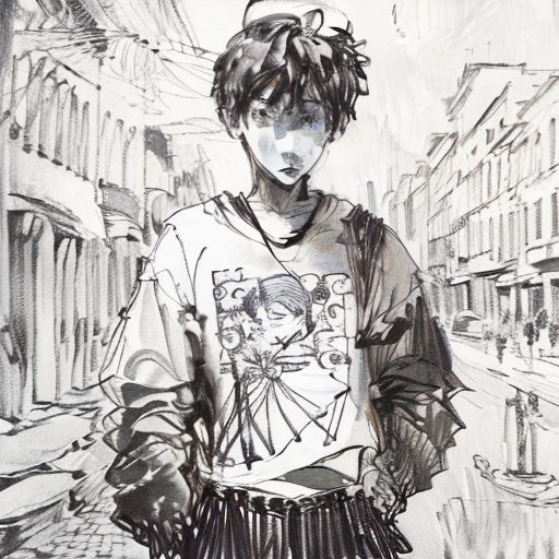 a drawing of a boy standing in the street with a book in his hand and a cityscape in the background