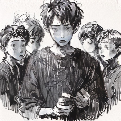 a drawing of a group of people standing together with a cell phone in their hand and a man holding a cell phone