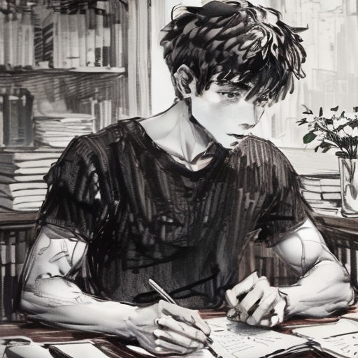 a man sitting at a table with a pen and paper in his hand and a vase of flowers in the background
