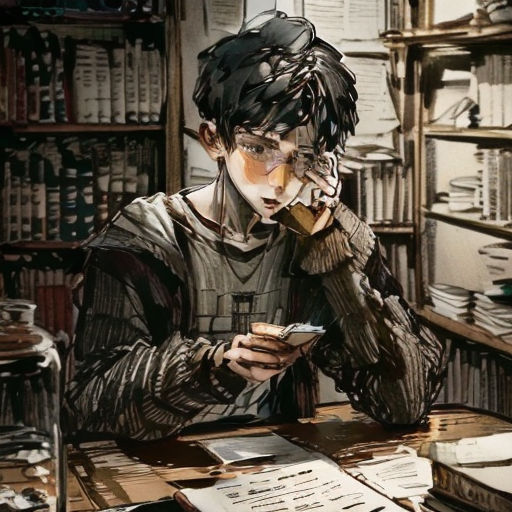 a man sitting at a desk with a cell phone in his hand and a lot of papers on the desk