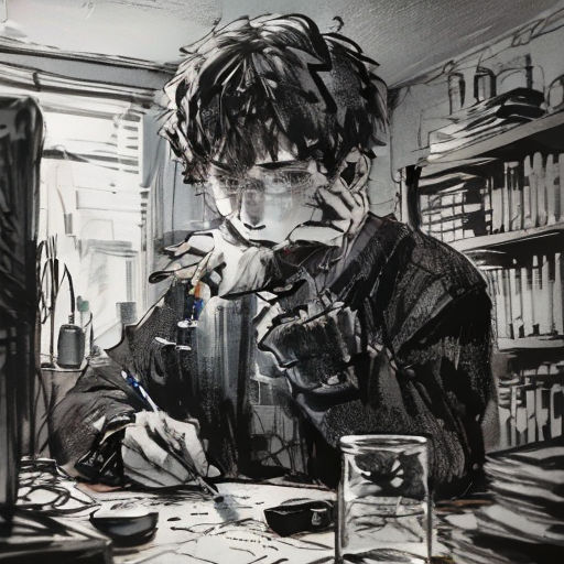 a man sitting at a desk with a pen and a glass in front of him and a book shelf behind him