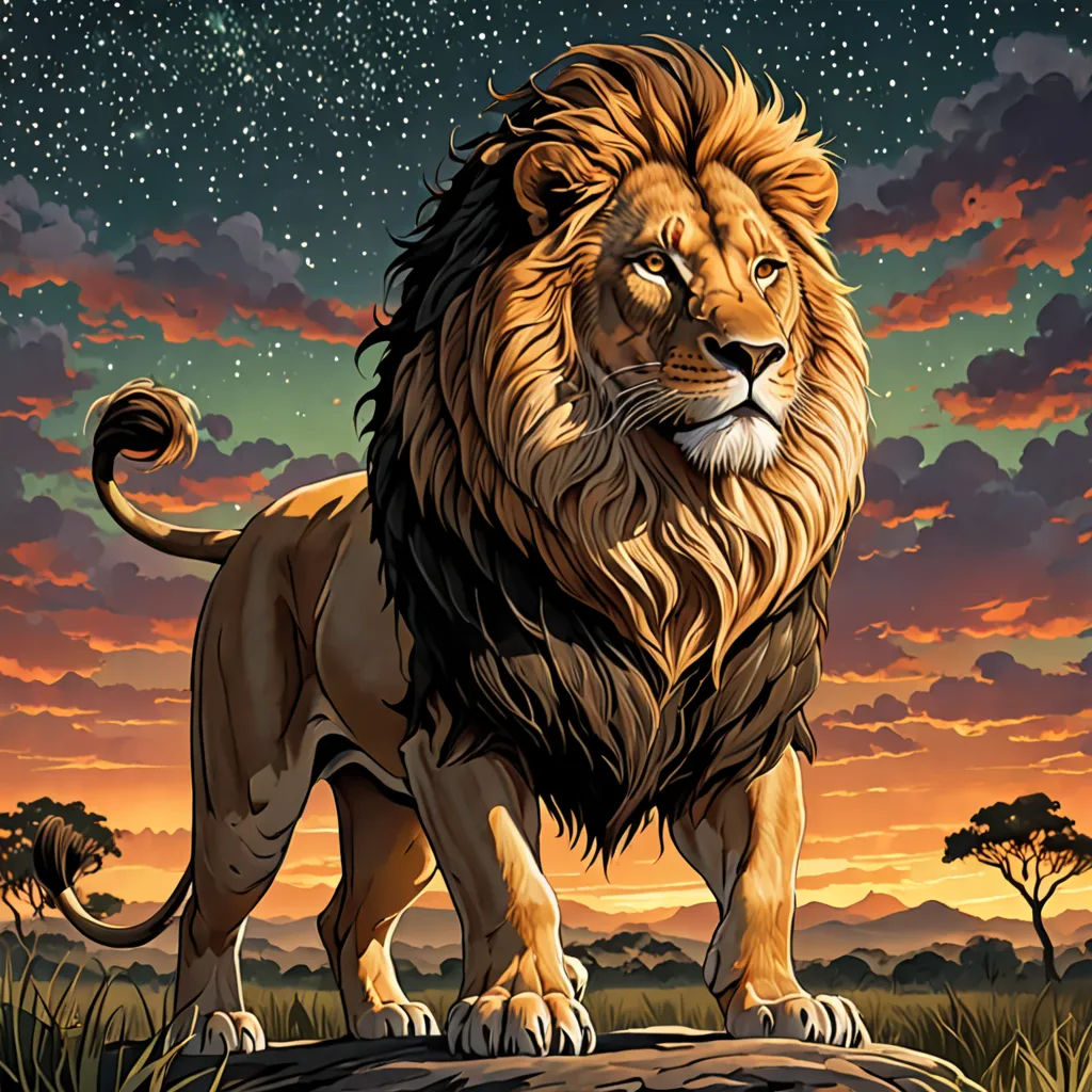 a lion standing on a rock in the grass at sunset with a sky full of stars and clouds behind it, fantasy art, an airbrush painting, Chris LaBrooy, highly detailed digital painting