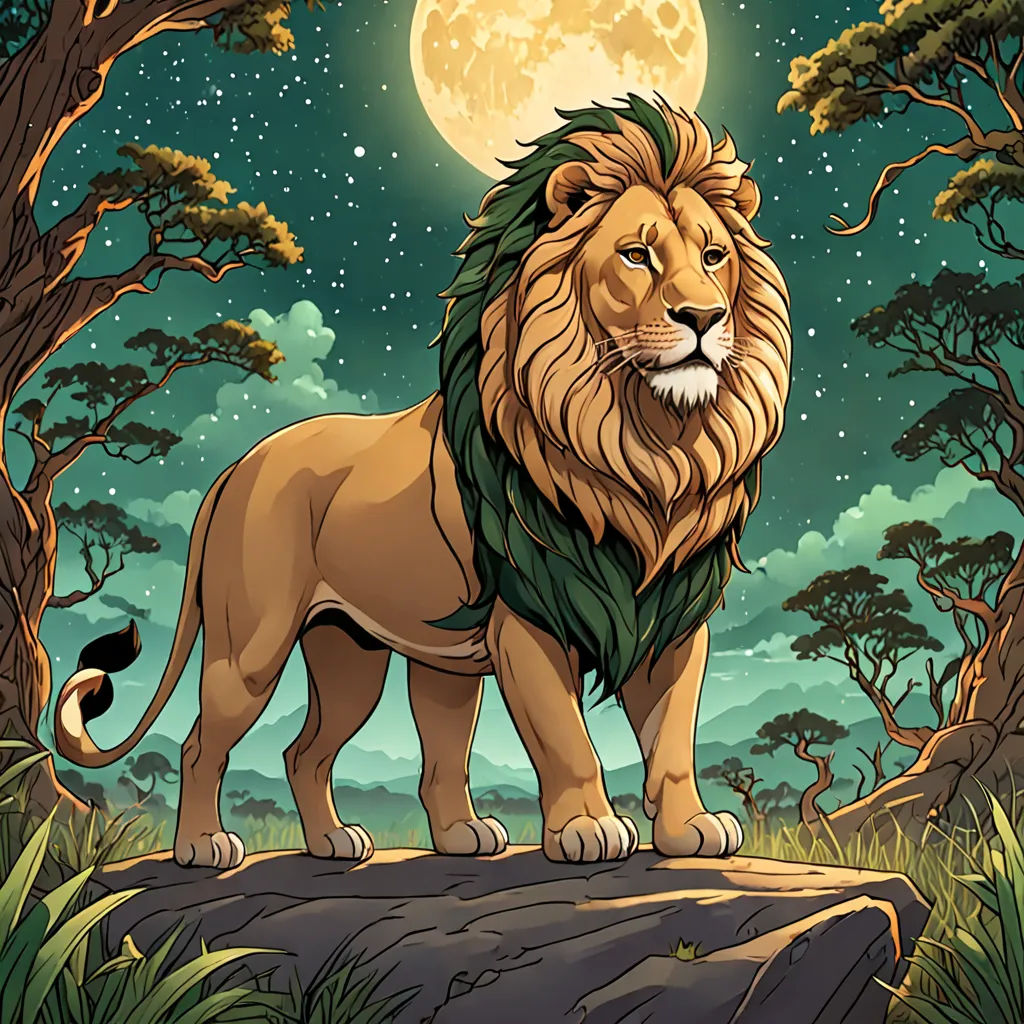 a lion standing on a rock in the forest under a full moon sky with trees and grass around it, fantasy art, a character portrait, Chris LaBrooy, official art