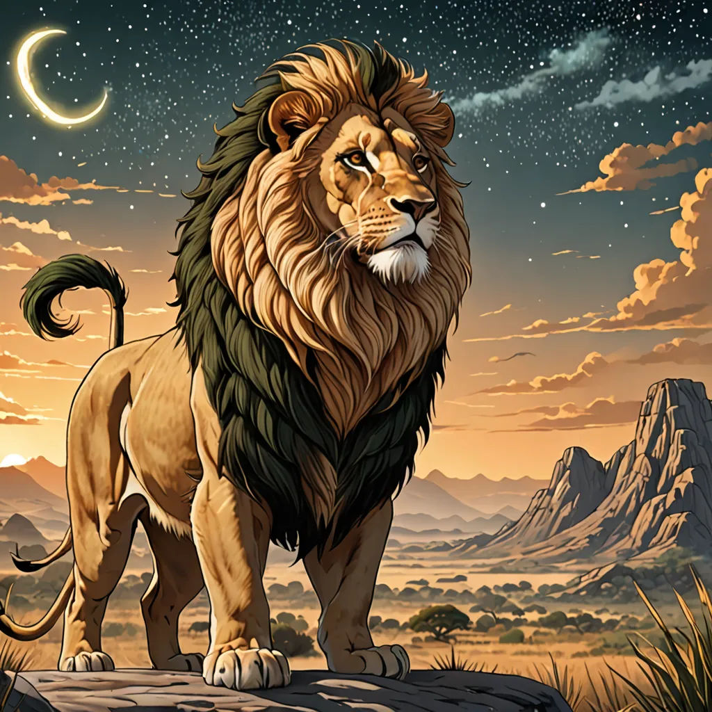a lion standing on a rock in the desert at night with a crescent moon in the sky above it, fantasy art, an airbrush painting, Chris LaBrooy, highly detailed digital painting