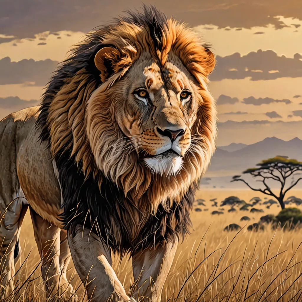 a painting of a lion walking through a field of grass with a sky background and clouds in the distance, photorealism, an airbrush painting, Chris LaBrooy, highly detailed digital painting