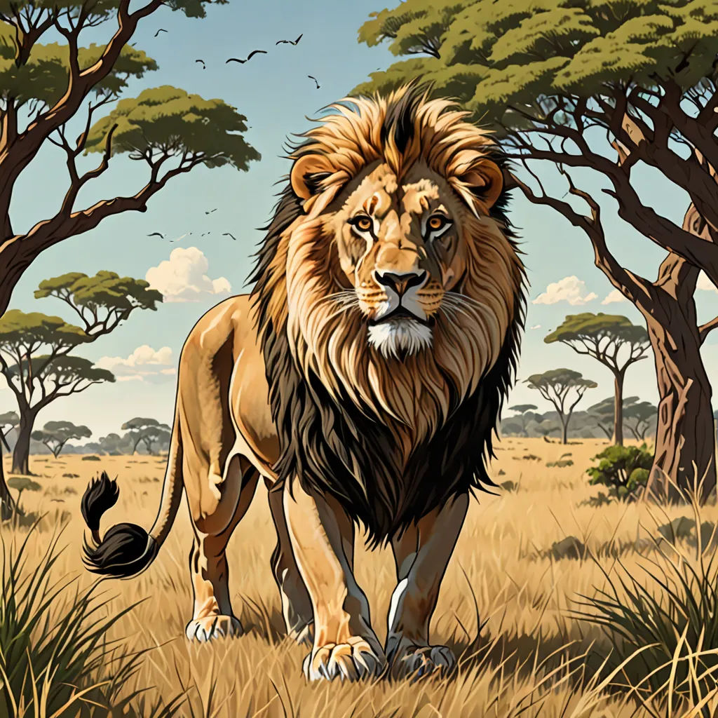 a painting of a lion standing in a field of grass with trees in the background and birds flying overhead, fantasy art, an airbrush painting, Chris LaBrooy, highly detailed digital painting