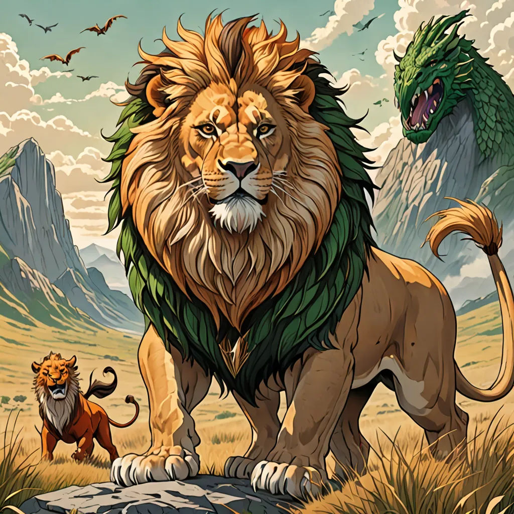 a lion and a dragon are standing in the grass near a mountain range with a sky background and clouds, fantasy art, a poster, Chris LaBrooy, comic cover art