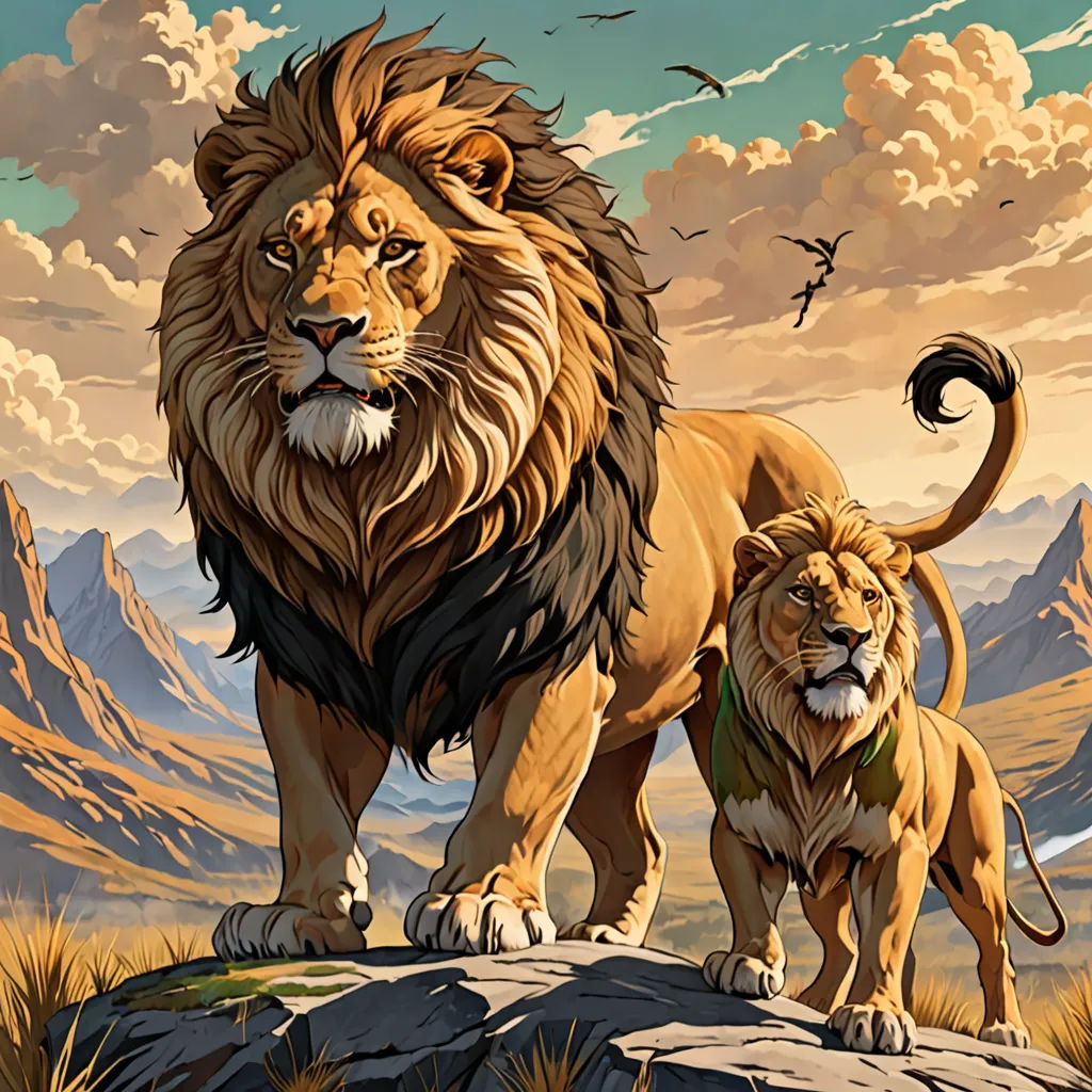 a lion and a lioness standing on a rock in the mountains with a bird flying overhead in the background, fantasy art, an airbrush painting, Chris LaBrooy, official art