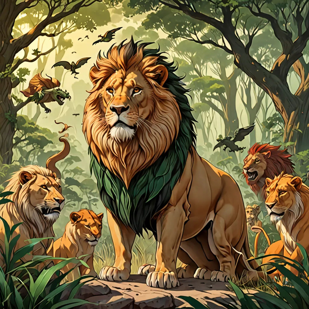 a group of lions standing in a forest with trees and birds flying around them, with a background of trees and foliage, furry art, an album cover, Chris LaBrooy, official art