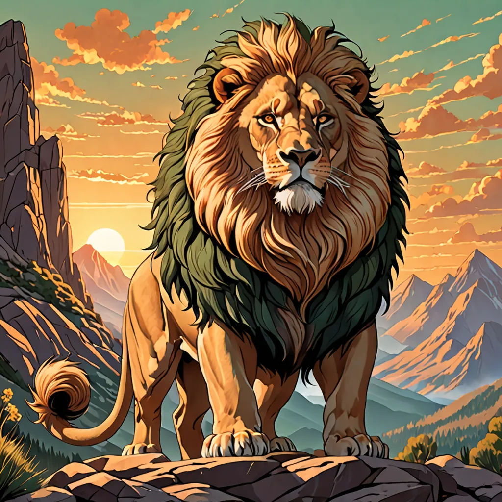 a lion standing on a rock in the mountains at sunset with a mountain range in the background and a sunset sky, fantasy art, an airbrush painting, Chris LaBrooy, official art
