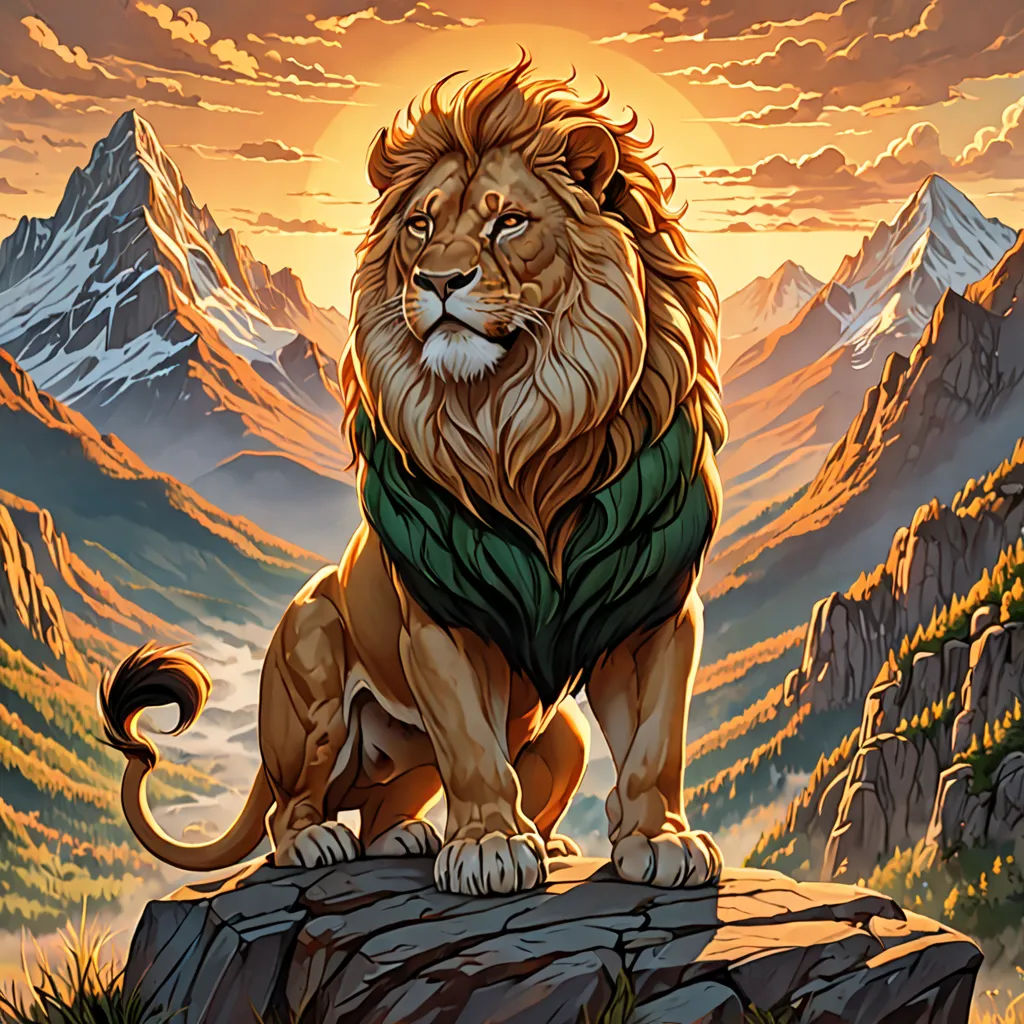 a lion sitting on a rock in front of a mountain range with a sunset behind it and mountains in the background, fantasy art, an airbrush painting, Chris LaBrooy, trending on art station