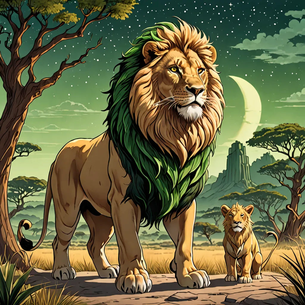 a lion and a lion cub standing in the middle of a field with a full moon in the background, lyco art, a storybook illustration, Chris LaBrooy, detailed illustration
