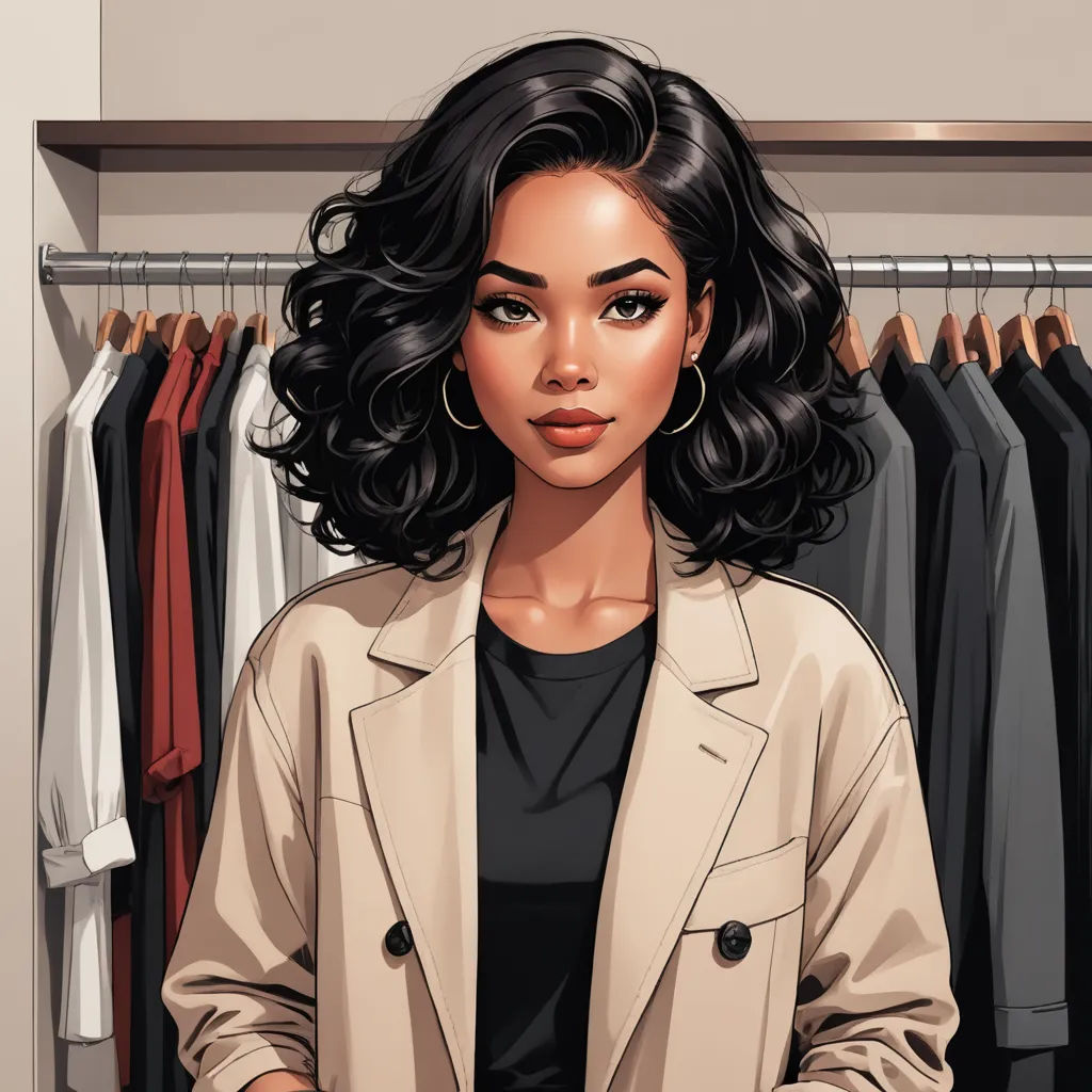 a woman standing in front of a rack of clothes and a coat rack with shirts on it and a jacket hanging on a rail, photorealism, a character portrait, Constance Gordon-Cumming, stylized