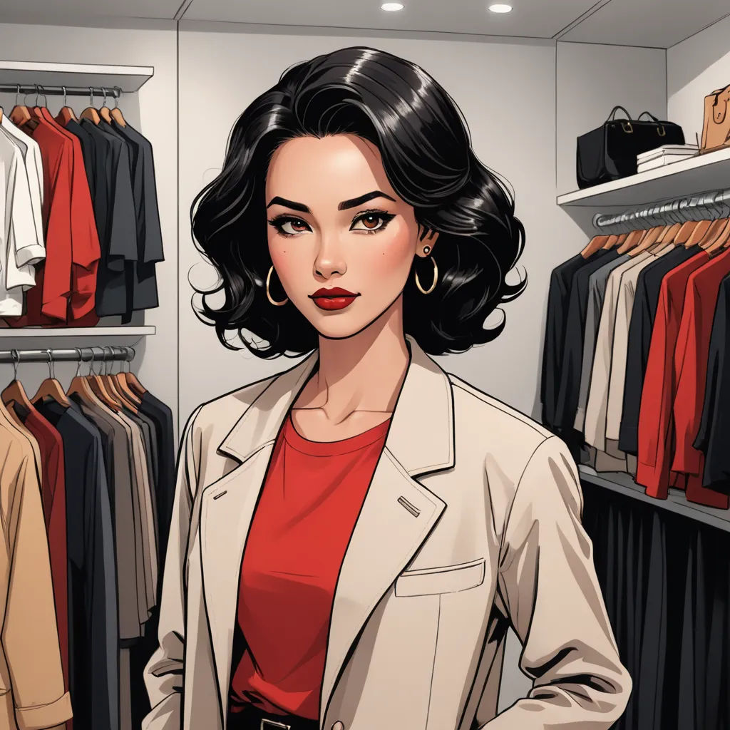 a woman standing in front of a closet full of clothes and a handbag in her other hand,, remodernism, a comic book panel, Artgerm, comic book