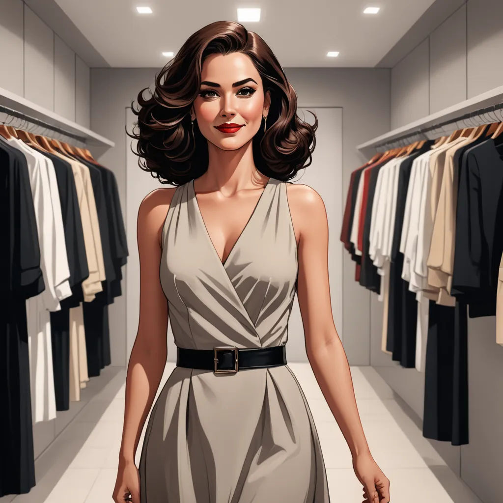 a woman in a dress is standing in a closet with clothes on racks and a rack of shirts on a rack, photorealism, a digital rendering, Edwin Georgi, behance hd