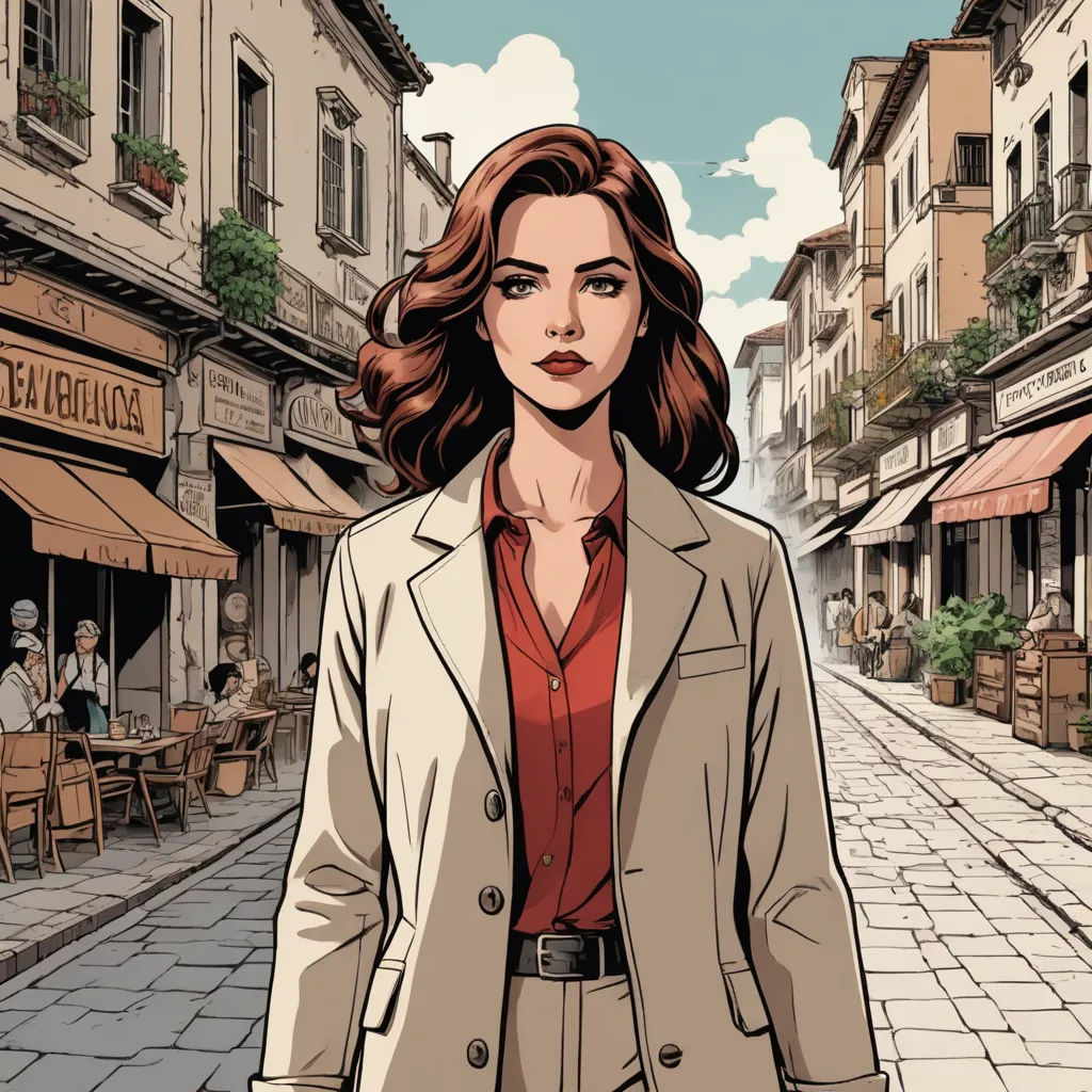 a woman in a suit and red shirt is walking down a street with a cafe in the background and a man in a suit and tie is looking at the camera, modern european ink painting, a comic book panel, Florence Engelbach, comic cover art