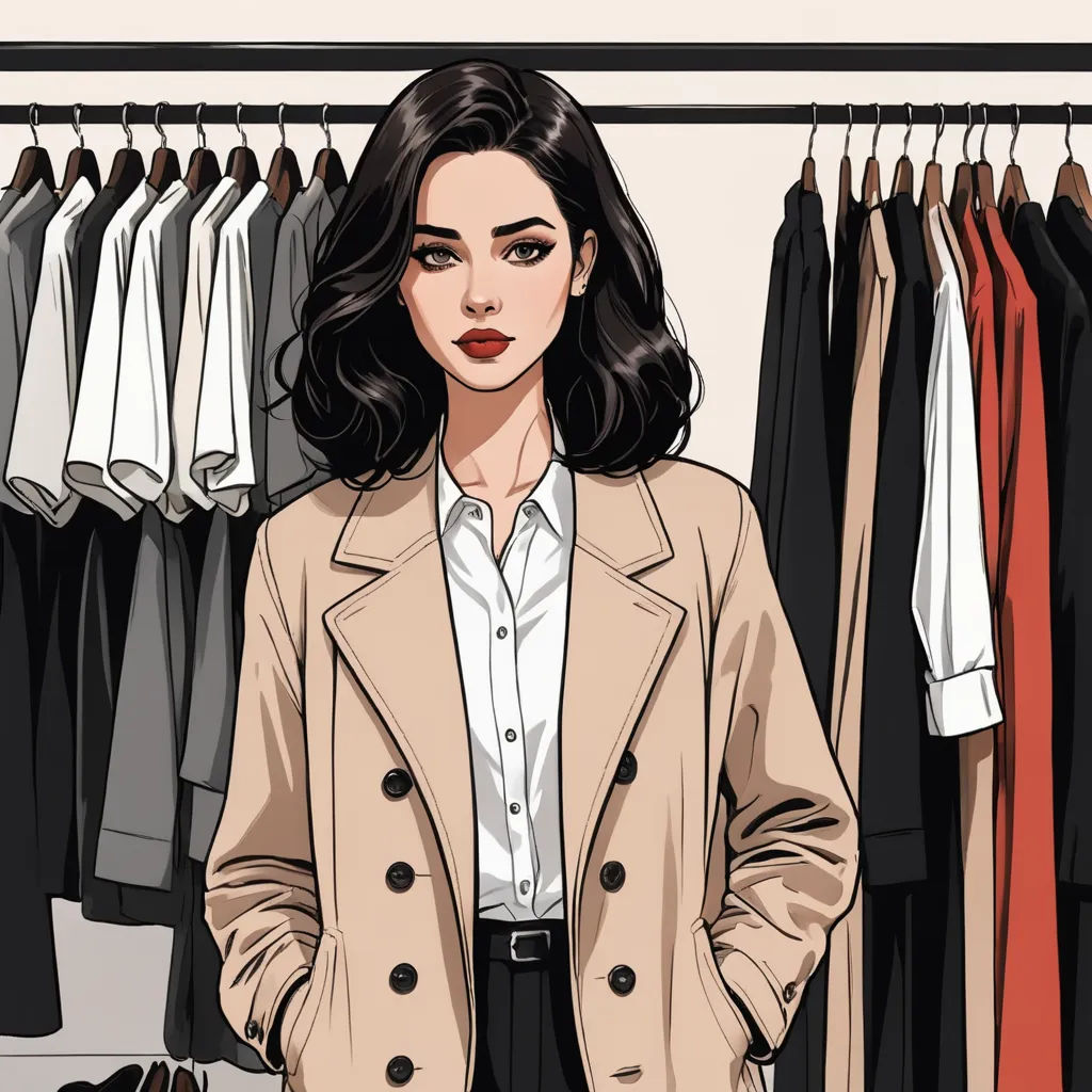a woman standing in front of a rack of clothes and a coat rack with shirts on it and a pair of shoes, figurativism, a character portrait, Araceli Gilbert, fashion
