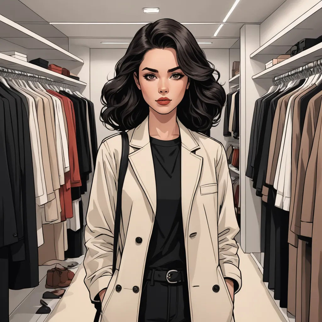 a woman standing in a closet with a coat on and a black shirt on and a tan jacket on, aestheticism, a character portrait, Constance Gordon-Cumming, girl