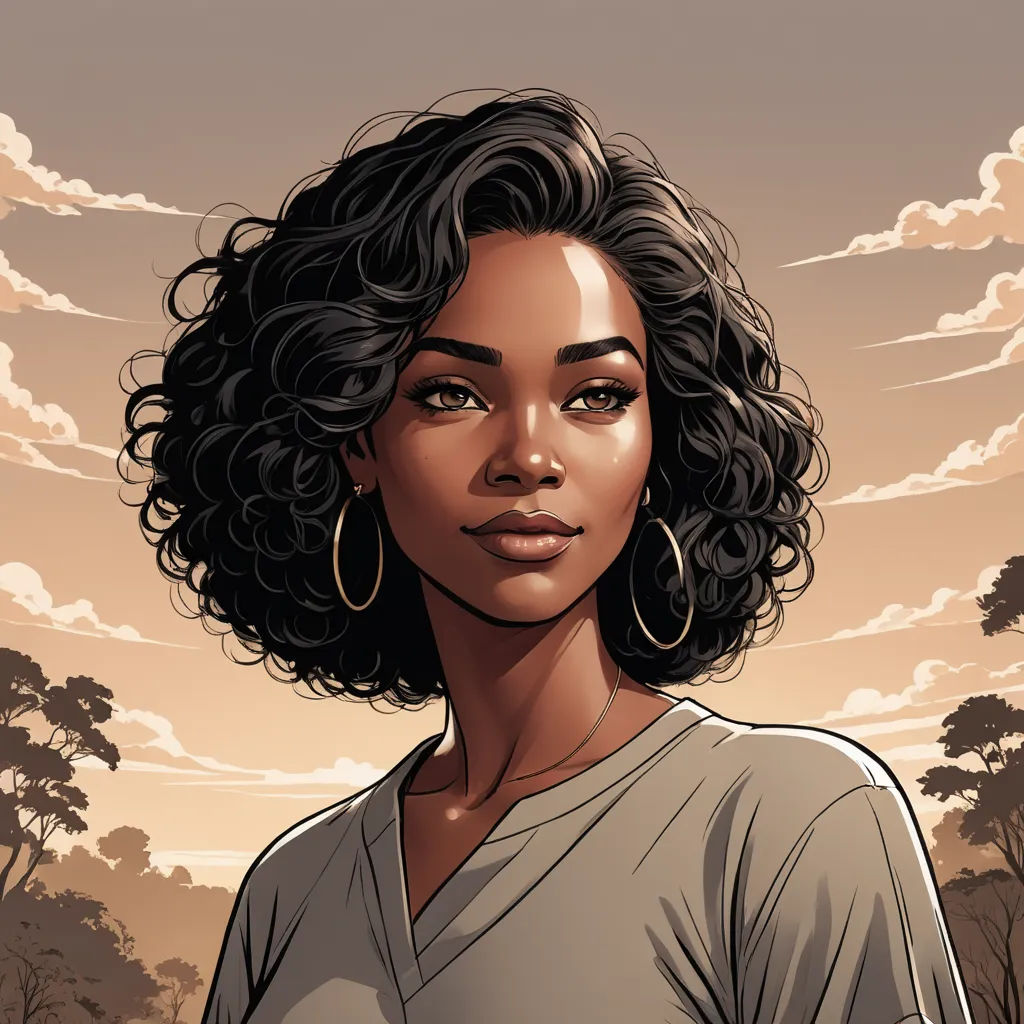 a digital painting of a woman with a brown background and trees in the background, with a sky with clouds, harlem renaissance, a character portrait, Constance Gordon-Cumming, comic cover art