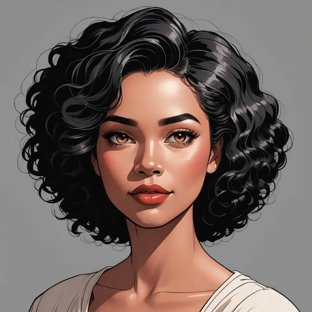 a woman with a curly hair and a white shirt on a gray background with a black background and a gray background, art nouveau, a character portrait, Charlie Bowater, stanley artgerm lau
