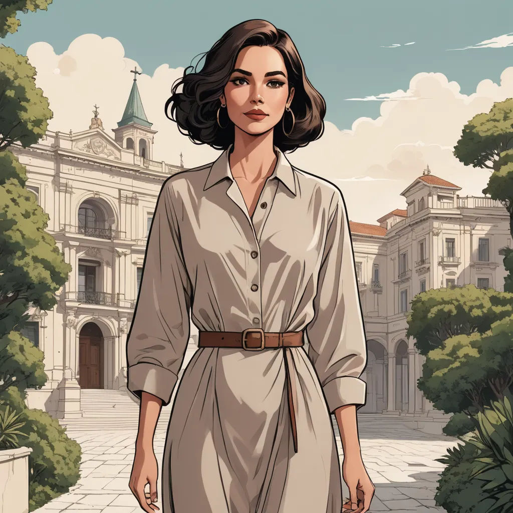 a woman in a dress is standing in front of a building with a clock tower on it's side, academic art, a comic book panel, Colin Middleton, comic cover art