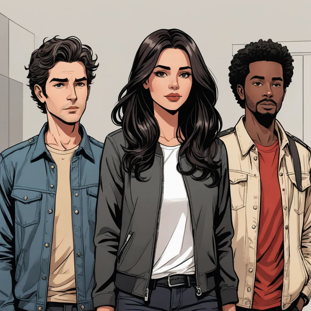 a group of people standing next to each other in a room with a wall behind them and a man in a blue jacket, serial art, a comic book panel, Cedric Seaut (Keos Masons), graphic novel