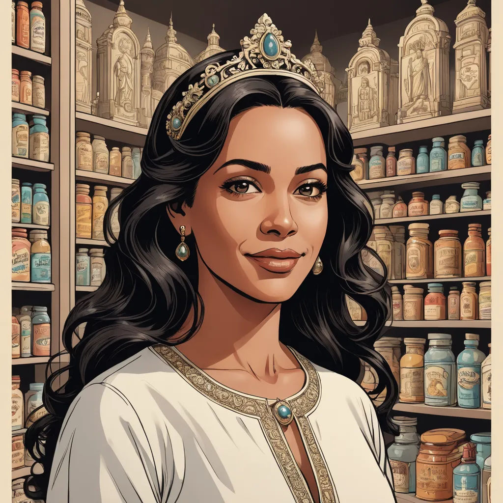 a woman in a crown is standing in a store with jars on shelves behind her and a shelf full of jars behind her, fantasy art, a character portrait, Altoon Sultan, comic cover art