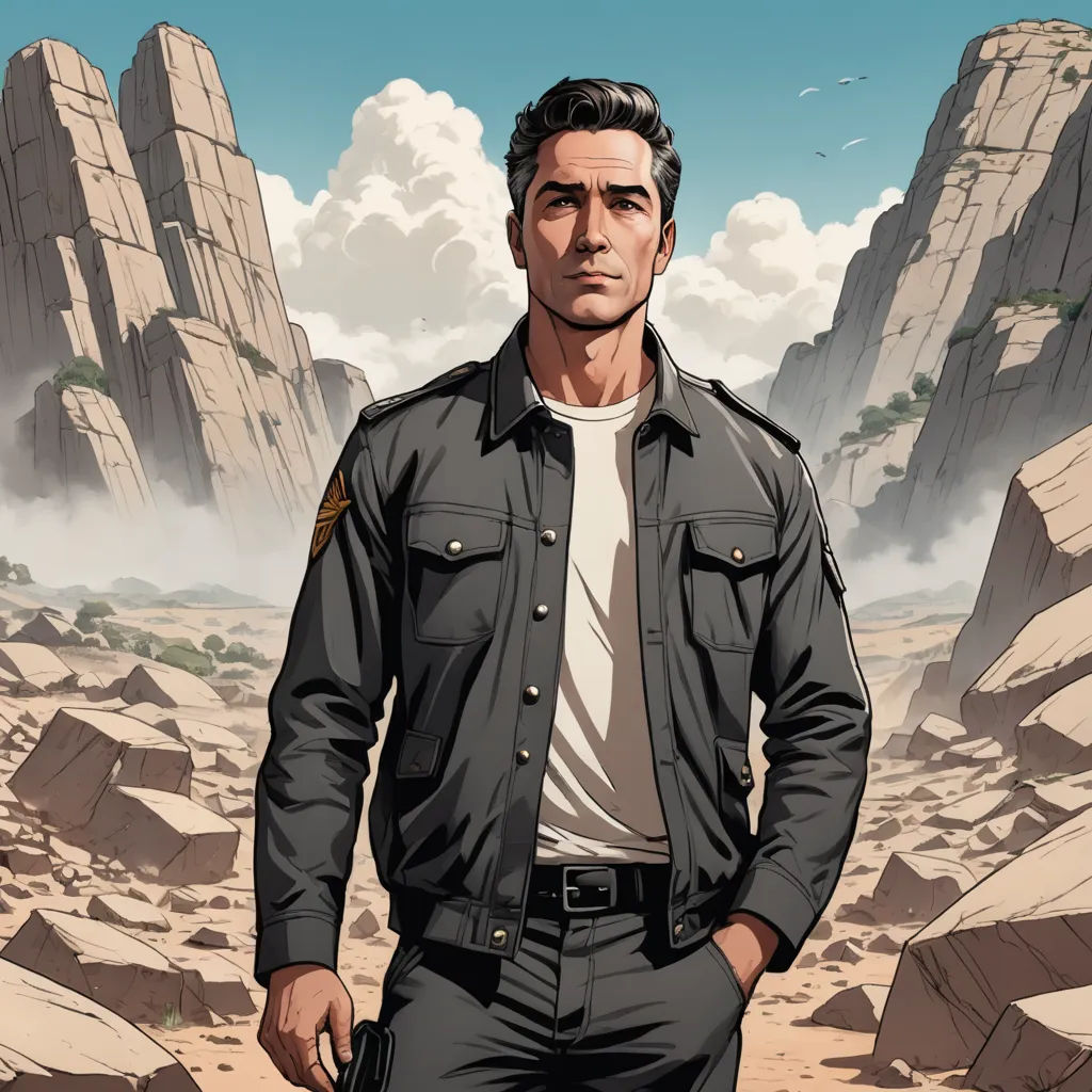 a man in a military uniform standing in a desert area with rocks and a mountain in the background with a sky background, serial art, a character portrait, Cliff Childs, tom of finland