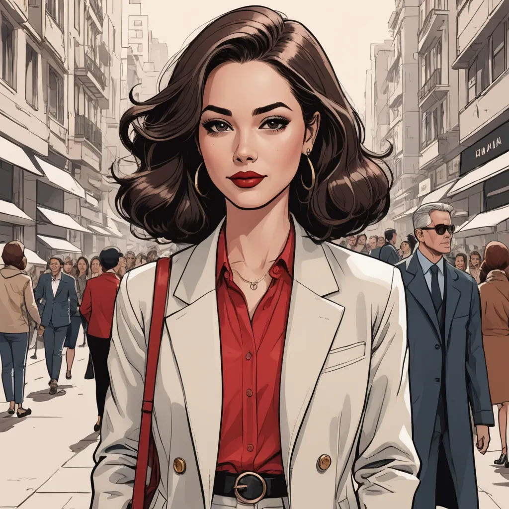 a woman in a red shirt and white jacket is standing in a crowded street with people walking by her, modern european ink painting, a comic book panel, Colin Middleton, high detail illustration