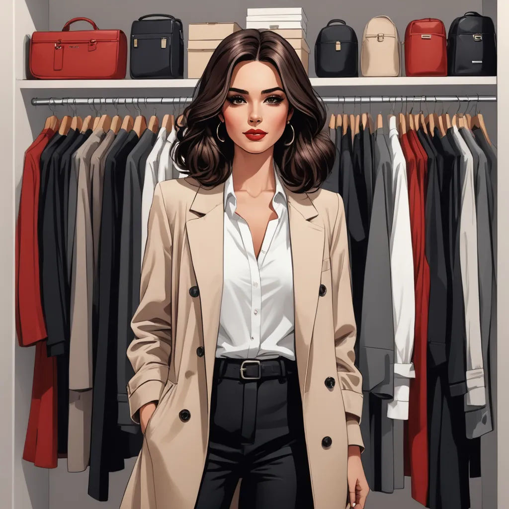 a woman standing in front of a closet with clothes on racks and a handbag on a shelf behind her, figurativism, a character portrait, Elina Karimova, fashion