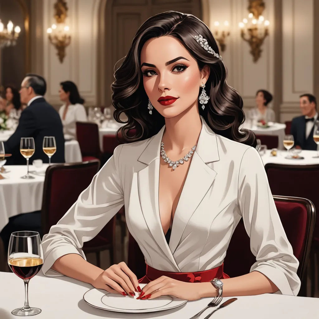 a woman sitting at a table with a plate of food and a glass of wine in front of her, figurative art, an art deco painting, Edwin Georgi, elegance