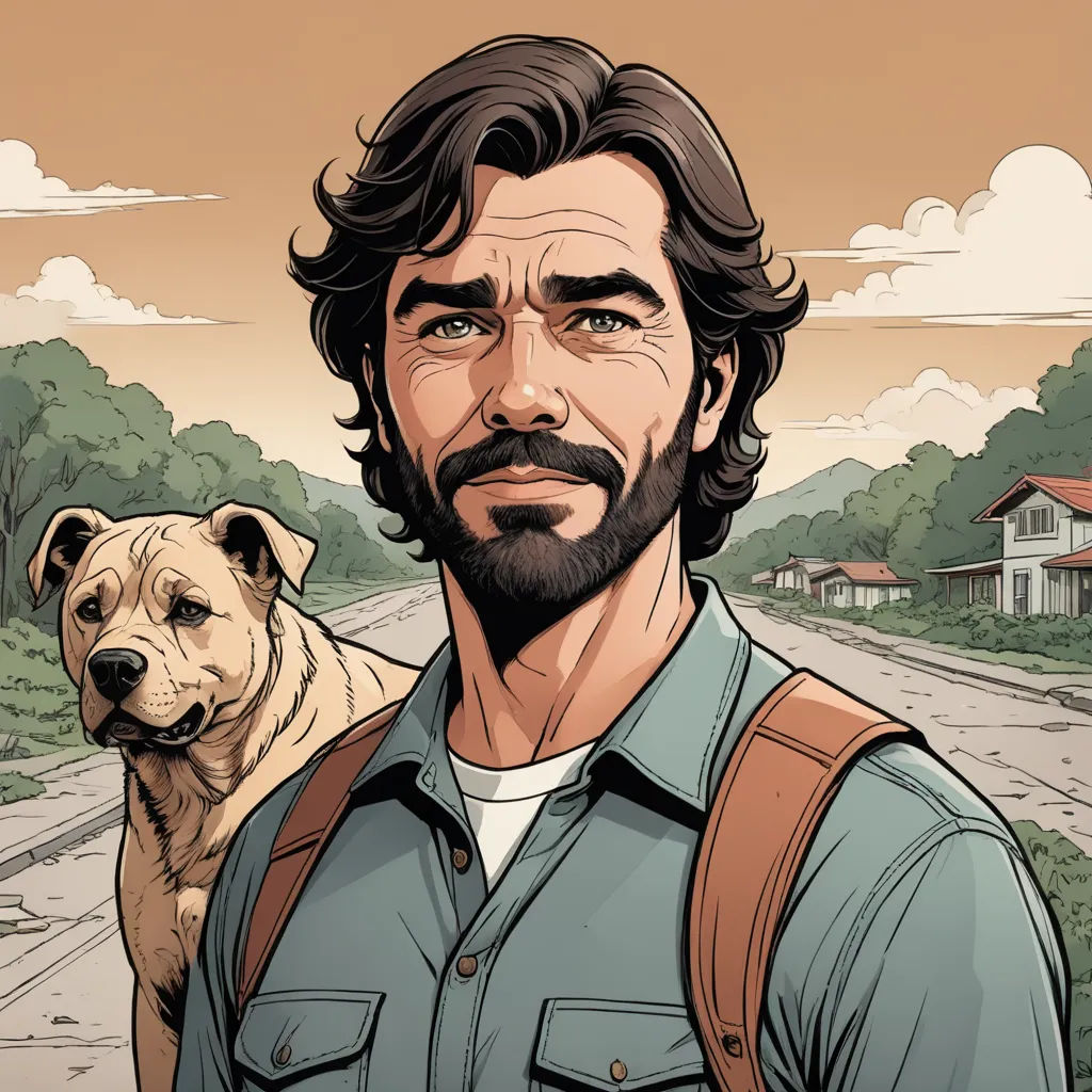 a man with a beard and a dog in his lap is standing in front of a road with houses, furry art, a character portrait, Clark Voorhees, character portrait