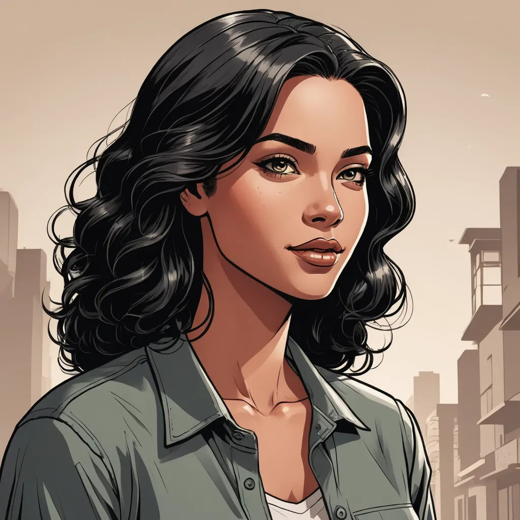 a woman with long black hair standing in front of a cityscape background with buildings and a bird flying overhead, harlem renaissance, a character portrait, Eve Ryder, character portrait