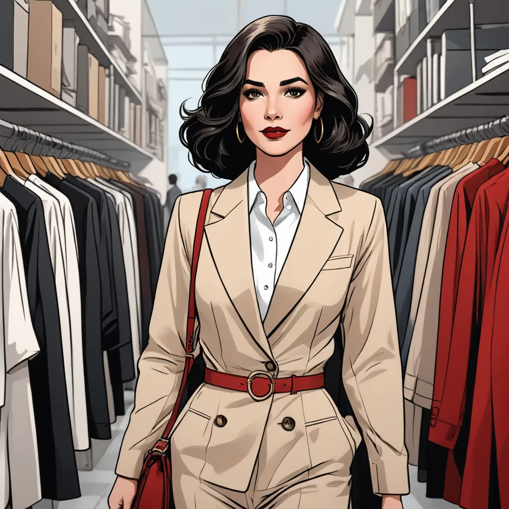 a woman in a suit is walking through a store with clothes on racks and a red bag on her shoulder, figurativism, a comic book panel, Edwin Georgi, comic book