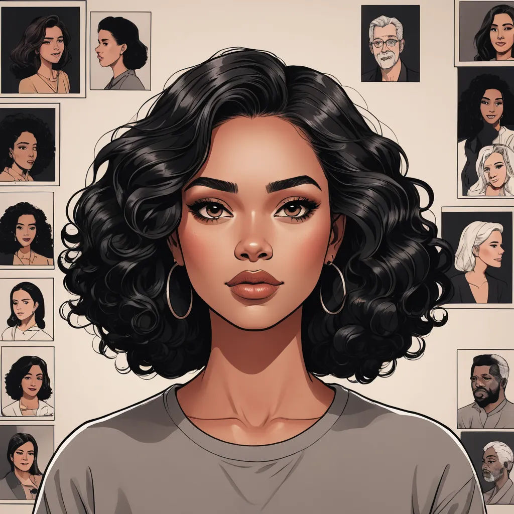 a woman with a bunch of different faces on her face and a bunch of people behind her with a headset, serial art, a character portrait, Constance Gordon-Cumming, comic cover art