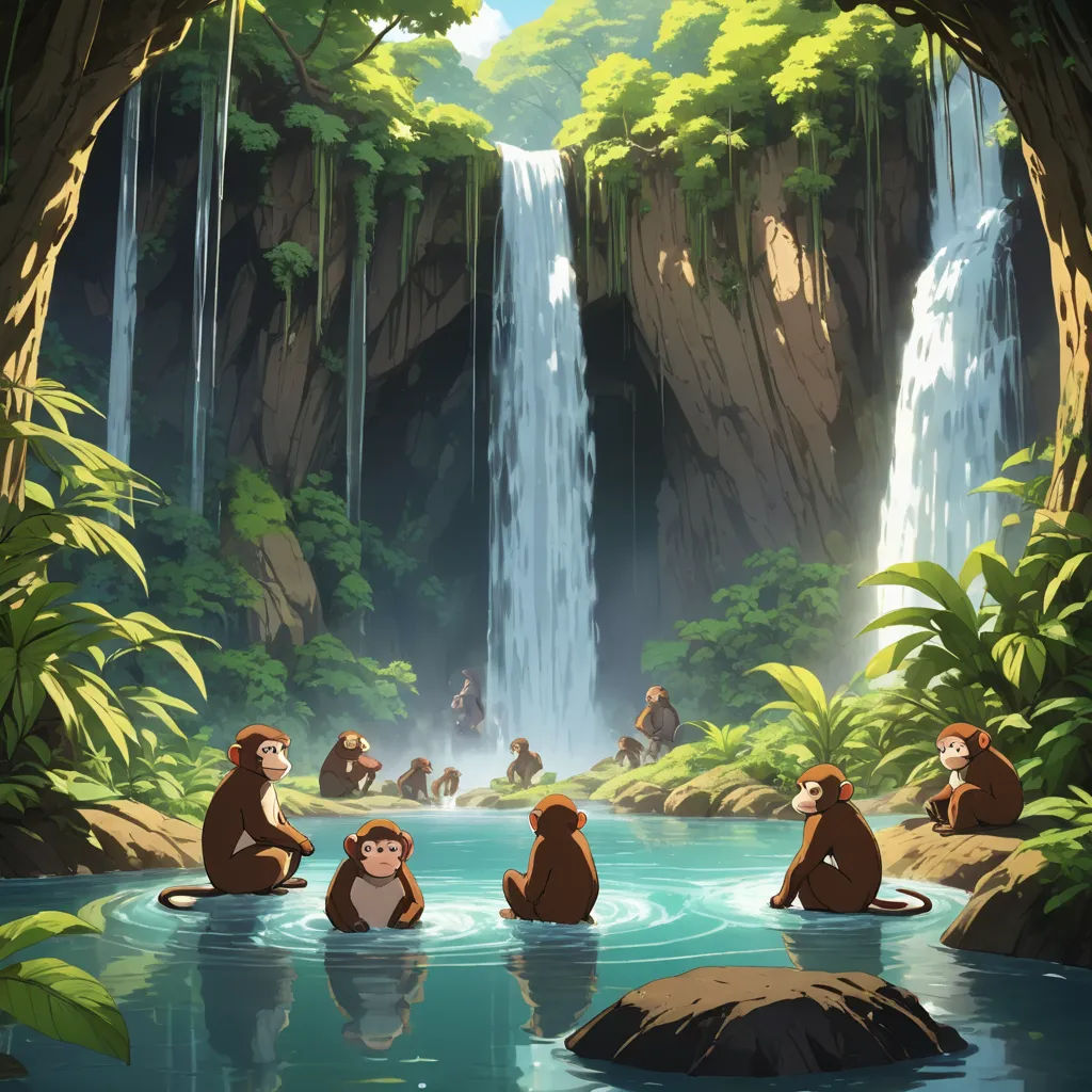 a group of monkeys sitting in a river next to a waterfall with a waterfall in the background and a group of people standing in the water, naturalism, a detailed matte painting, Chris LaBrooy, official art