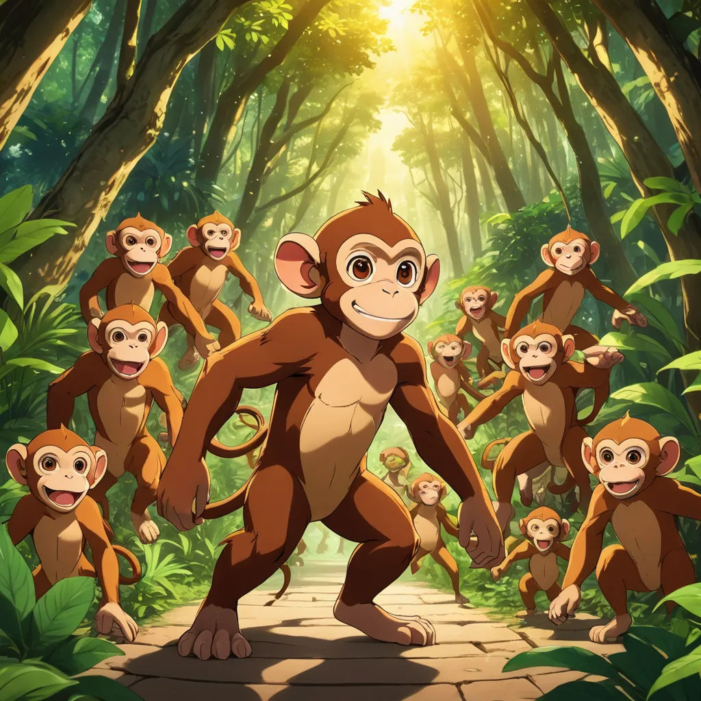 a group of monkeys standing in the middle of a forest with a sun shining through the trees behind them, primitivism, a poster, disney, promotional image