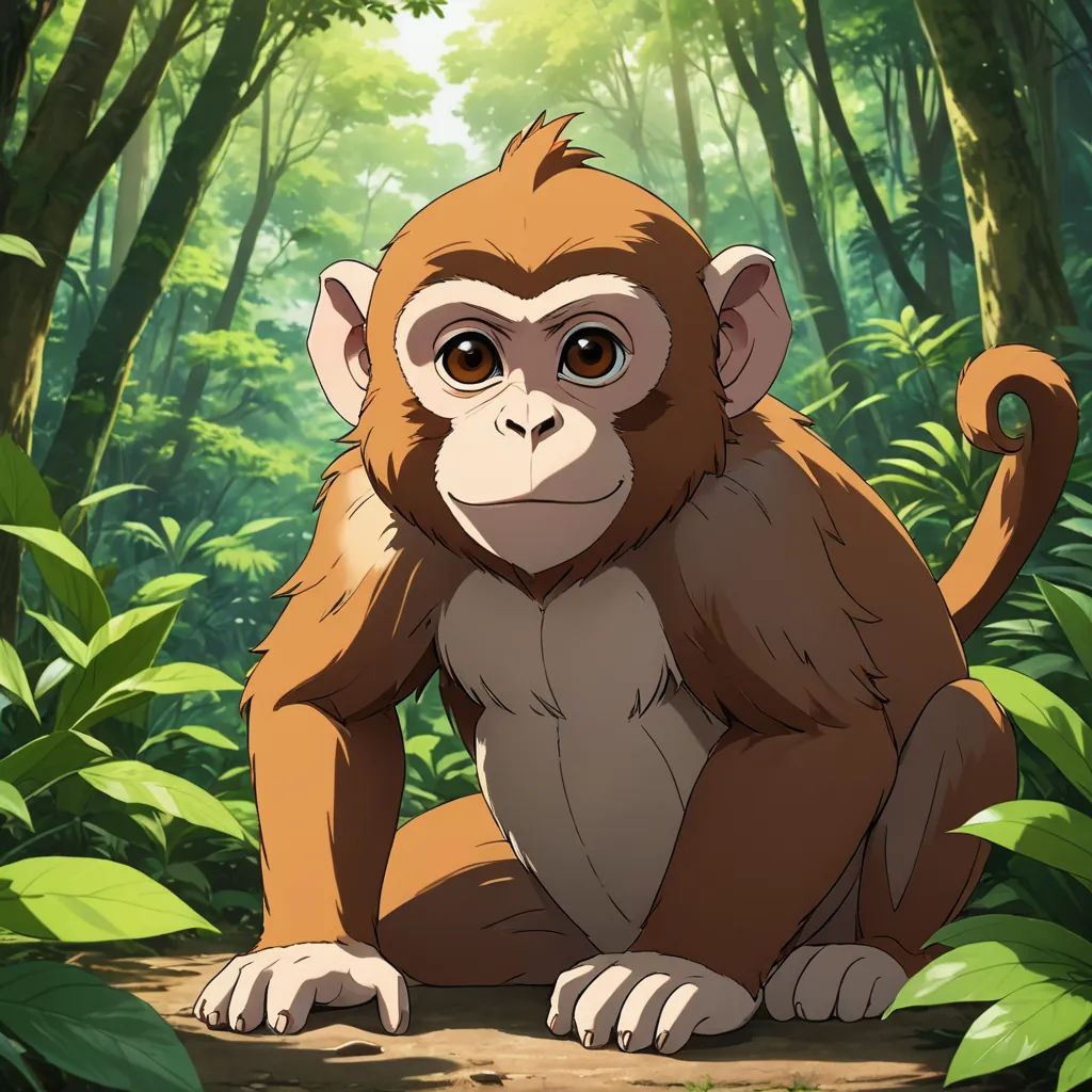 a monkey sitting in the middle of a forest with trees and bushes around it's sides and a bright light shining on the top of the monkey, sumatraism, a character portrait, Adam Manyoki, official art