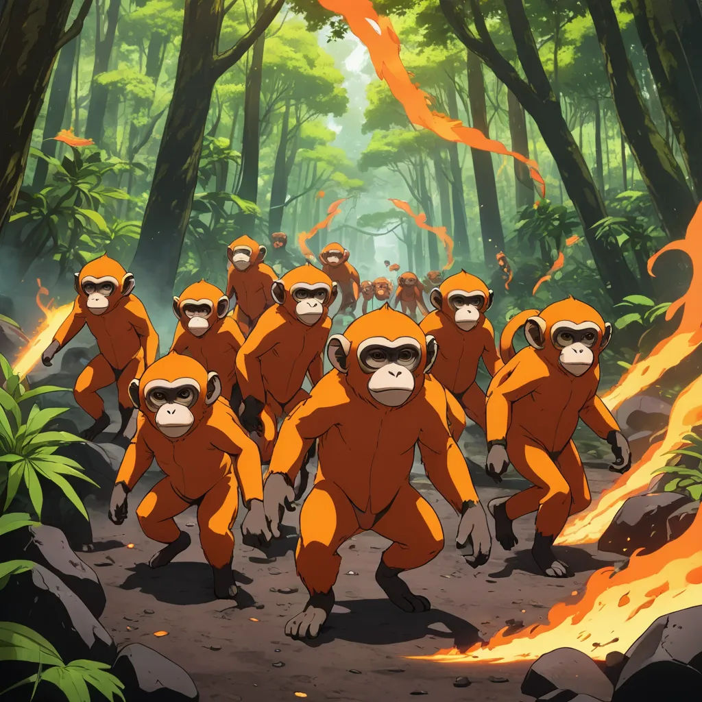 a group of monkeys walking through a forest with fire in the air and trees in the background, with a fire blazing in the air, ukiyo-e, concept art, Adam Manyoki, official art