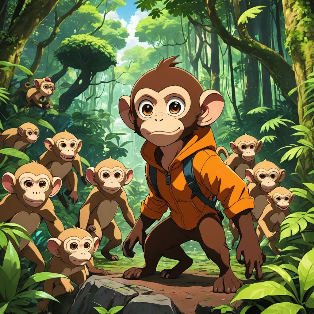 a monkey in a jungle with many monkeys in the background and a man in an orange jacket standing in front of him, rayonism, poster art, Chris LaBrooy, promotional image