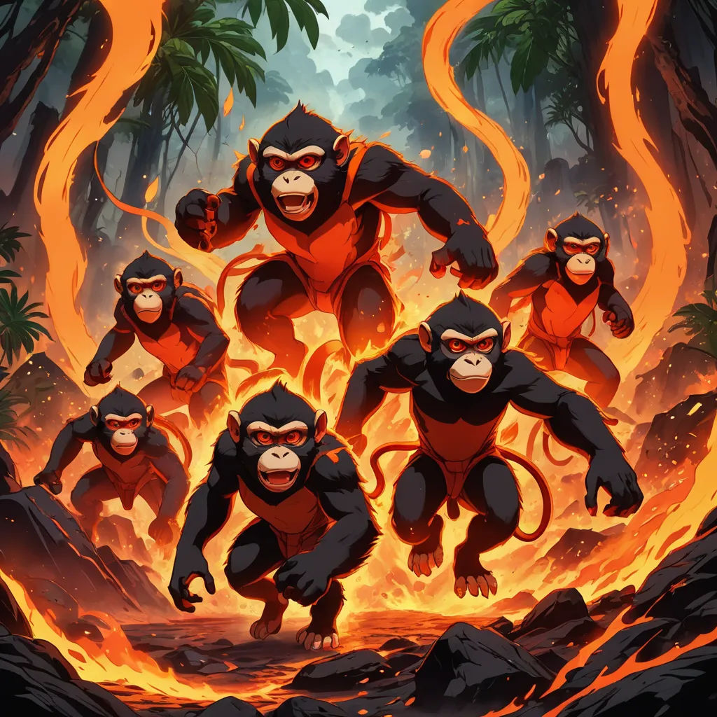 a group of monkeys standing in front of a fire filled forest with flames and lavas on the ground, sots art, poster art, Alex Petruk APe, official art