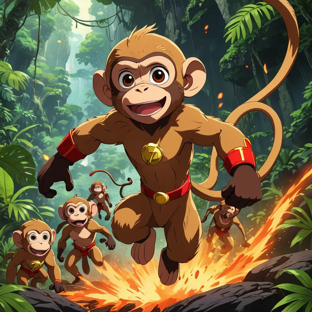 a monkey running through a jungle with other monkeys around him and a fire in the background with a fireball in the foreground, sots art, concept art, Chris LaBrooy, promotional image