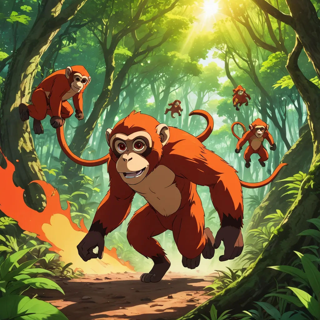 a group of monkeys running through a forest with fire in the air and a man on the back of a monkey, primitivism, concept art, Chris LaBrooy, official art