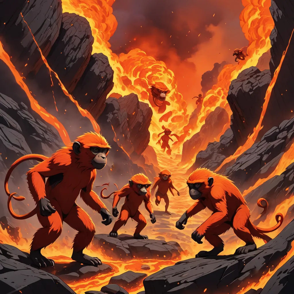 a group of monkeys walking across a rocky area with lava in the background and flames in the air above, altermodern, concept art, Chris LaBrooy, official art