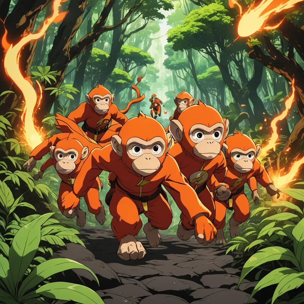 a group of monkeys walking through a forest with fire in the background and a man on the far side, sumatraism, a poster, Du Jin, official art